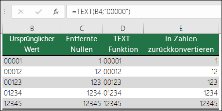 Beispiele für die Verwendung der TEXT-Funktion zum Formatieren führender Nullen.  =TEXT(A2;"00000")