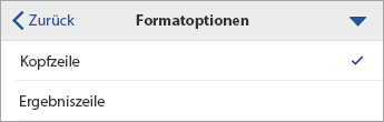 Erweiterter Befehl "Formatvorlagenoptionen", wobei Die Kopfzeile ausgewählt ist.