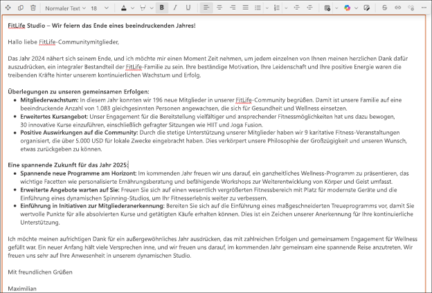 Screenshot eines längeren Texts, der von Copilot im SharePoint-Rich-Text-Editor vorgeschlagen wurde