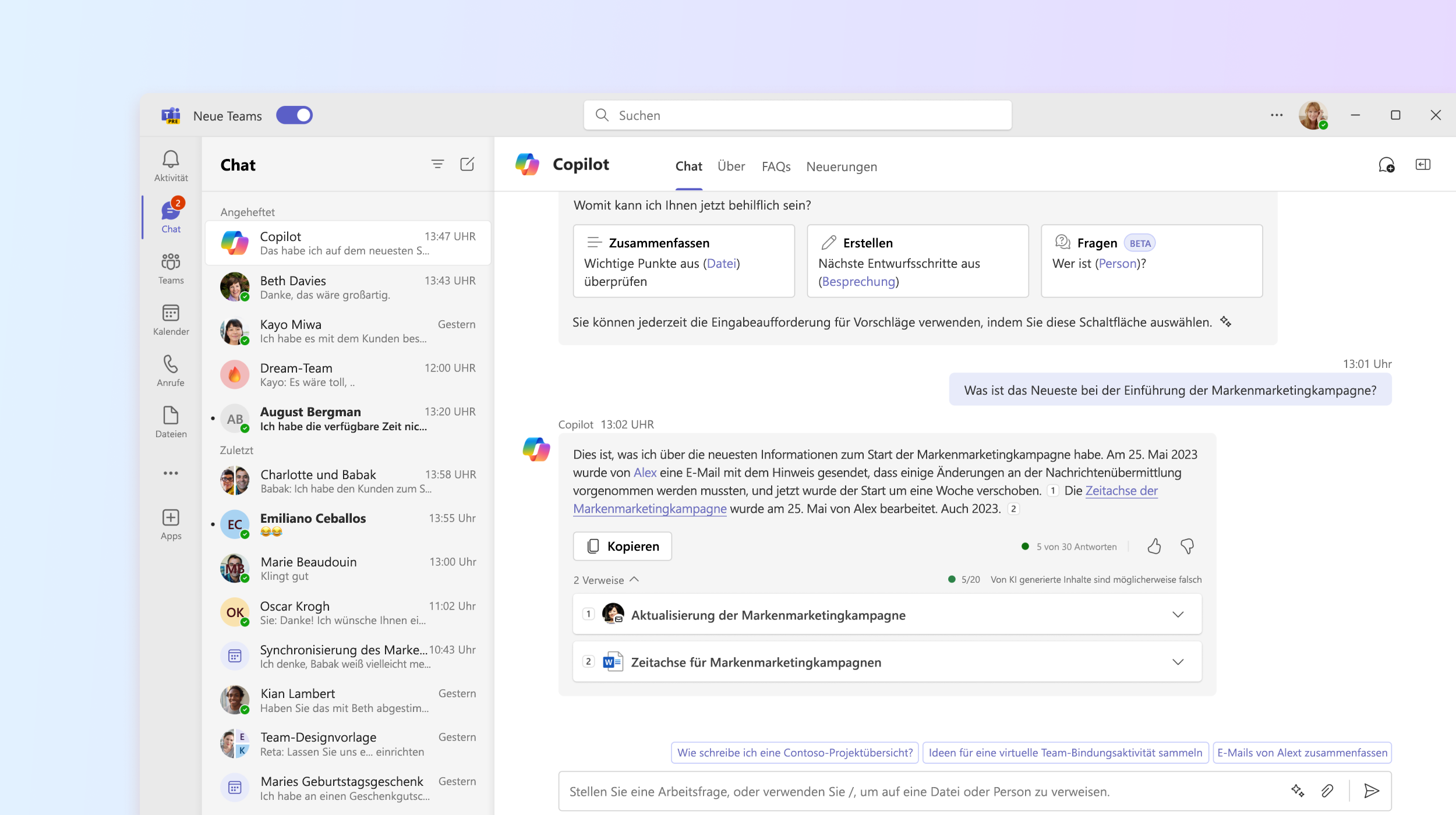 Screenshot zeigt die Microsoft 365 Copilot-App in Teams.