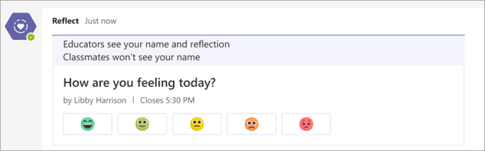 check-in as it appears in the class teams channel. 5 Emoji-Schaltflächen reichen von sehr komfortabel bis sehr unbequem unter der Check-in-Frage "Wie fühlen Sie sich heute?"