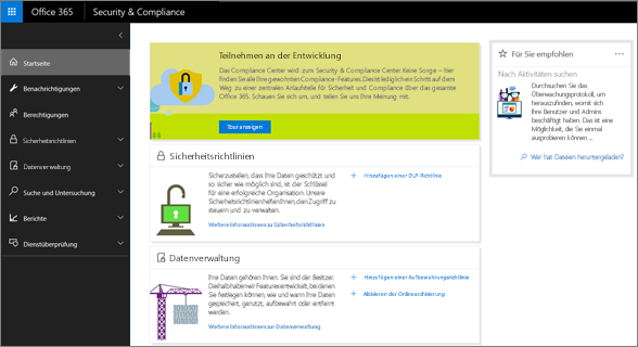 Screenshot der Startseite des Office 365 Security & Compliance Center.