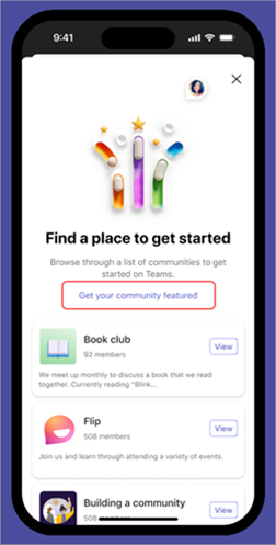Screenshot der Option "Feature Ihre Community" auf der Seite "Communitys erkunden" in Microsoft Teams (kostenlos) auf Mobilgeräten.