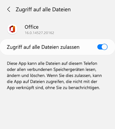 Zugriff auf alle Dateieinstellungen in der Microsoft Office-App für Android zulassen