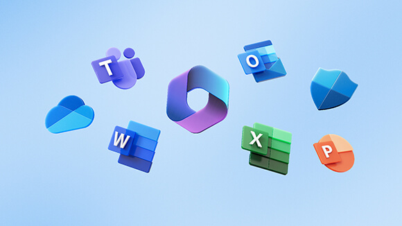 Ein Bild der 7 Produktsymbole, die das neue Microsoft 365-Logo auf einem hellblauen Farbverlaufshintergrund umgeben. (Symbole in der Reihenfolge: OneDrive, Teams, Word, Outlook, Excel, Defender, PowerPoint)