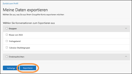 Das Fenster "Meine Daten exportieren" in GroupMe mit hervorgehobener Schaltfläche "Exportieren"