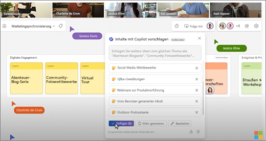 Zeigt Copilot-Vorschläge in Whiteboard während einer Teams-Besprechung an.
