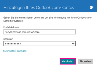 Windows 8 Mail-Seite 'Outlook-Konto hinzufügen'