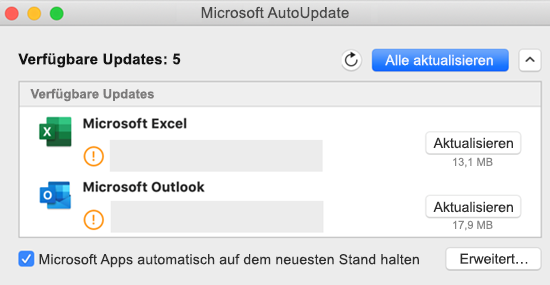 Abbildung des Microsoft AutoUpdate-Dashboards mit Informationen zu den Updates.