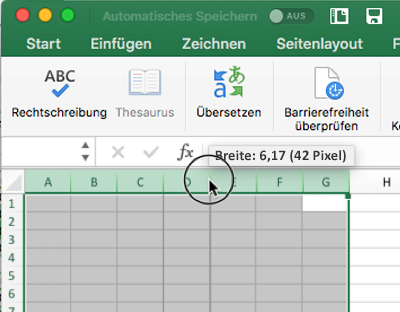 Screenshot, der zeigt, wie Sie die Spaltenbreite in Excel mit der Maus ändern kann