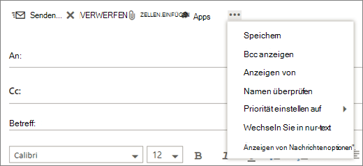 Ein Screenshot zeigt die verfügbaren Optionen des Befehls "mehr" auf der Symbolleiste "e-Mail-Nachricht".