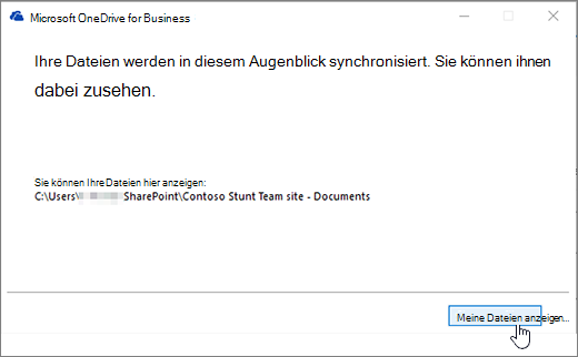 Synchronisierungsdialogfeld von OneDrive for Business, Schaltfläche "Meine Dateien anzeigen" hervorgehoben