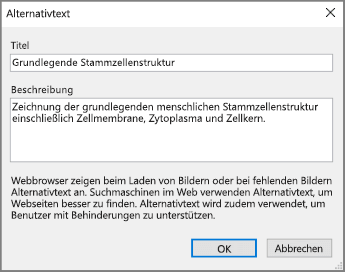 Screenshot des OneNote-Dialogfelds "Alternativtext" mit Beispieltext in den Feldern "Titel" und "Beschreibung".