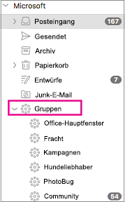 Im Ordnerbereich von Outlook 2016 für Mac aufgelistete Gruppen