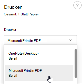 Screenshot: Auswahl von Microsoft Print in PDF