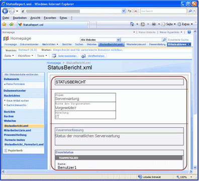 Beispielformular für einen Statusbericht, das in Office SharePoint Server 2007 in eine Webseite konvertiert wurde