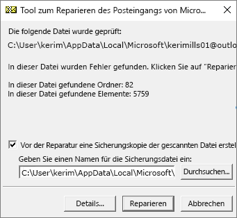 Zeigt die Ergebnisse der überprüften PST-Datendatei in Outlook bei Verwendung des Microsoft-Tools zum Reparieren des Posteingangs, SCANPST.EXE.