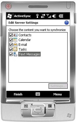 Επιλέξτε το πλαίσιο ελέγχου 'Μηνύματα κειμένου' στο Windows Mobile 6.5