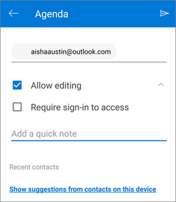 Στιγμιότυπο οθόνης της πρόσκλησης ατόμων για κοινή χρήση ενός αρχείου από το OneDrive για Android