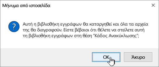 Παράθυρο διαλόγου επιβεβαίωσης κατά τη διαγραφή μιας βιβλιοθήκης