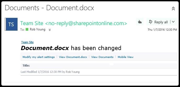Στιγμιότυπο οθόνης μιας ειδοποίησης ειδοποίησης του SharePoint