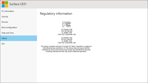 Η οθόνη "Πληροφορίες" για το Surface UEFI