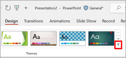 Το αναπτυσσόμενο βέλος στην ενότητα "Θέματα" της καρτέλας "Σχεδίαση" στο PowerPoint.
