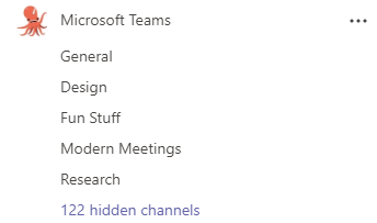 Μια ομάδα που ονομάζεται Microsoft Teams έχει τα κανάλια "Γενικά", "Ανακοινώσεις", "Σχεδίαση", "Διασκεδαστικό περιεχόμενο" και "Έρευνα". Τα περισσότερα κανάλια αποκρύπτονται.