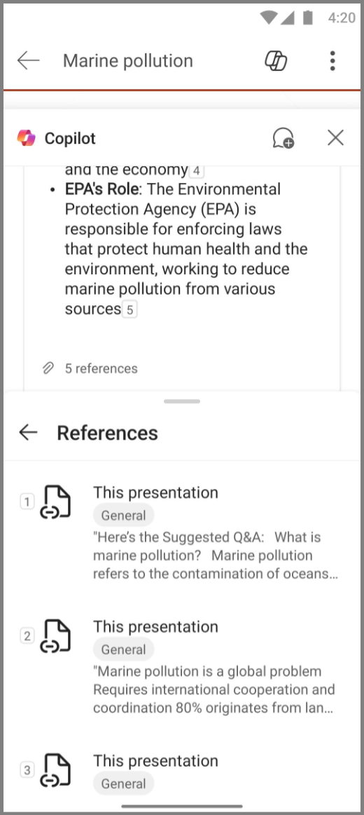 Στιγμιότυπο οθόνης του Copilot στο PowerPoint σε συσκευή Android με αναφορές για την απόκριση "Σύνοψη αυτής της συλλογής διαφανειών"