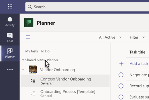 Στιγμιότυπο οθόνης της εφαρμογής "Εργασίες", που ονομάζεται "Planner" προς το παρόν, στο Teams