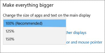 Σελίδα ρυθμίσεων οθόνης των Windows στην περιοχή Ρυθμίσεις διευκόλυνσης πρόσβασης που εμφανίζει την επιλογή "Όλα μεγαλύτερα" με αναπτυγμένο το αναπτυσσόμενο μενού.