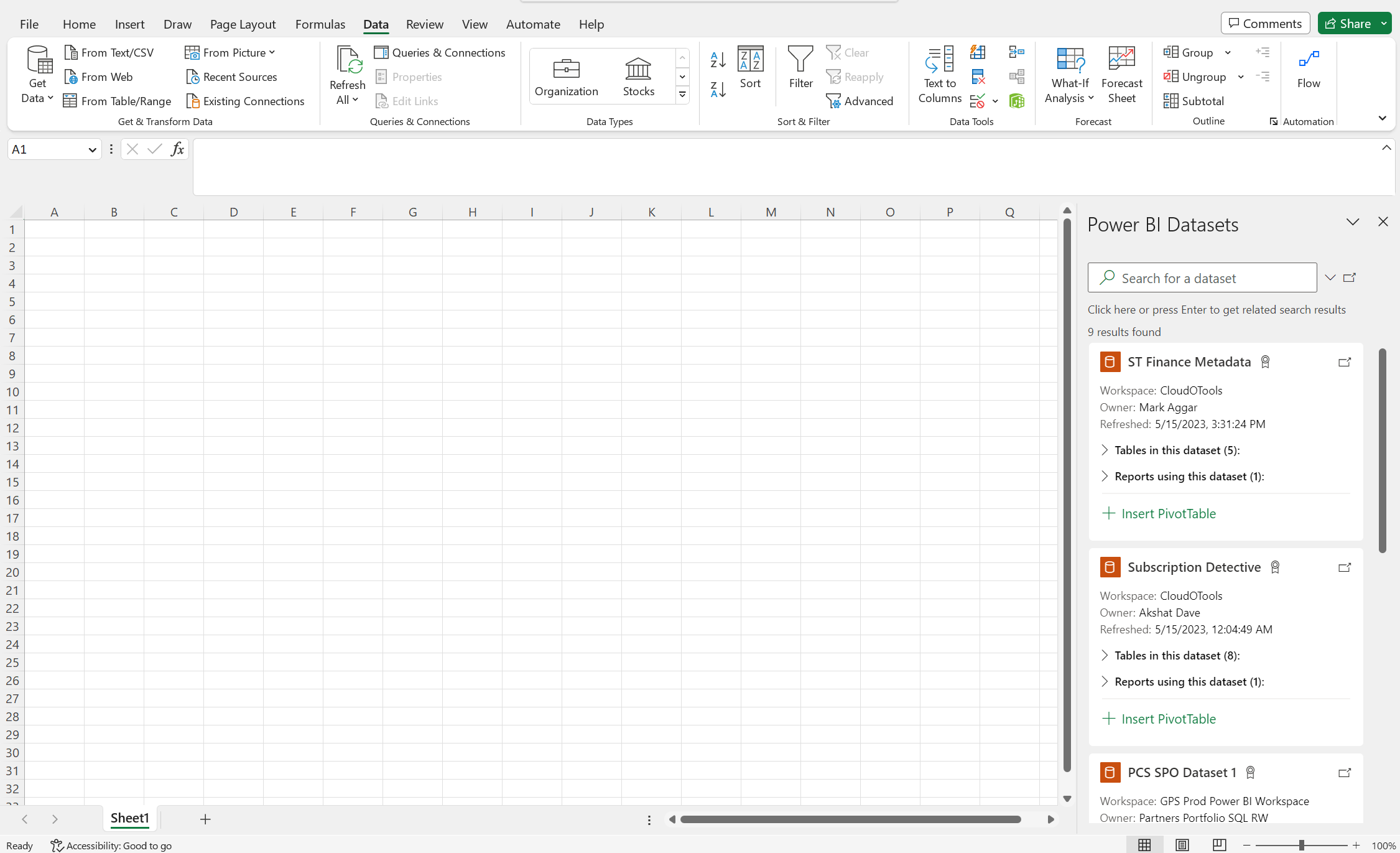 Σύνολα δεδομένων του Power BI στο Excel