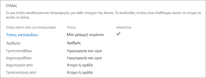 Ενότητα στήλης λίστας στις "Ρυθμίσεις λίστας"