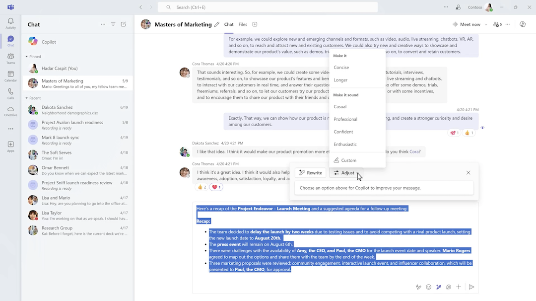 Σύνθεση Copilot σε συνομιλία του Microsoft Teams.