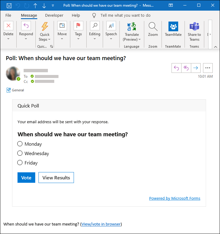 Microsoft Forms ψηφοφορίας σε μήνυμα ηλεκτρονικού ταχυδρομείου του Outlook