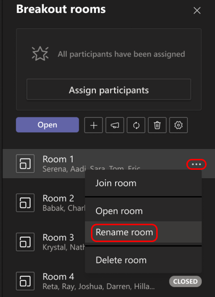 Εικόνα που δείχνει πώς μπορείτε να μετονομάσετε μια αίθουσα ομάδας.
