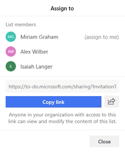 Στιγμιότυπο οθόνης με το μενού "ανάθεση σε" και την επιλογή ανάθεσης μιας εργασίας σε λίστα μελών της Miriam Graham, του Alex Γουίλμπερ ή του Ησαΐα Langer.