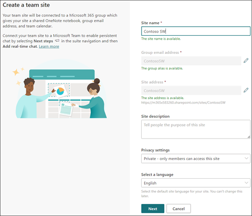 Στιγμιότυπο οθόνης της σελίδας δημιουργίας τοποθεσίας του SharePoint Online.