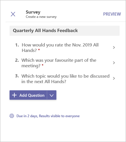 Προεπισκόπηση του Survey Poll στο Microsoft Teams