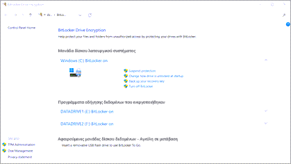 Οι ρυθμίσεις Διαχείριση BitLocker στα Windows.