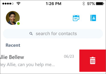 Στιγμιότυπο οθόνης που εμφανίζει μια συνομιλία που διαγράφεται στο Skype για επιχειρήσεις για iOS.