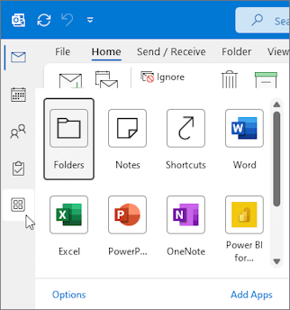 Το αναδυόμενο μενού "Περισσότερες εφαρμογές" στο Outlook για Windows.
