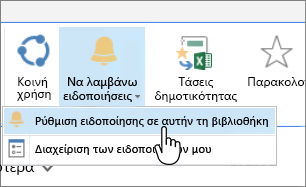 Στην καρτέλα "Αρχεία", με επισημασμένη την επιλογή "Ορισμός ειδοποίησης σε αυτό το έγγραφο"