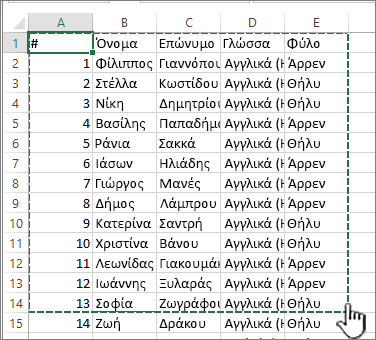 Υπολογιστικό φύλλο του Excel με επισημασμένη μια περιοχή κελιών