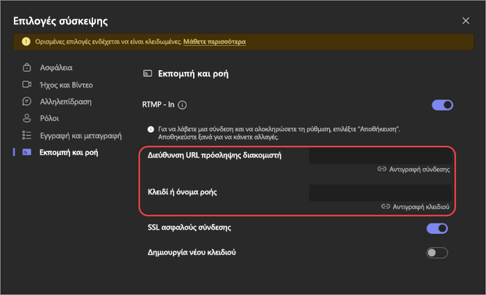 Στιγμιότυπο οθόνης που εμφανίζει τις ρυθμίσεις RTMP-In στις επιλογές σύσκεψης.