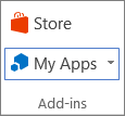 Στιγμιότυπο οθόνης από ένα κοντινό πλάνο της ομάδας "Πρόσθετα" στην καρτέλα "Εισαγωγή" της κορδέλας με τις επιλογές του Store και του Οι εφαρμογές μου.
