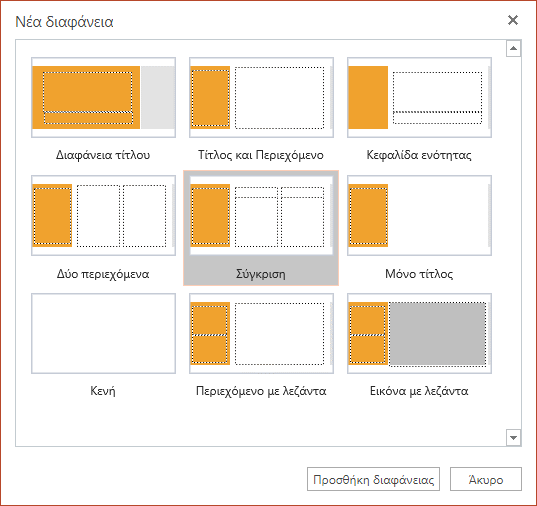 Το παράθυρο διαλόγου "Νέα διαφάνεια" στο PowerPoint Online έχει πολλές διατάξεις διαφανειών για να επιλέξετε