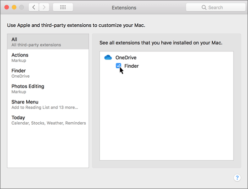 Στιγμιότυπο οθόνης της επιλογής "Επεκτάσεις" στις προτιμήσεις σε Mac