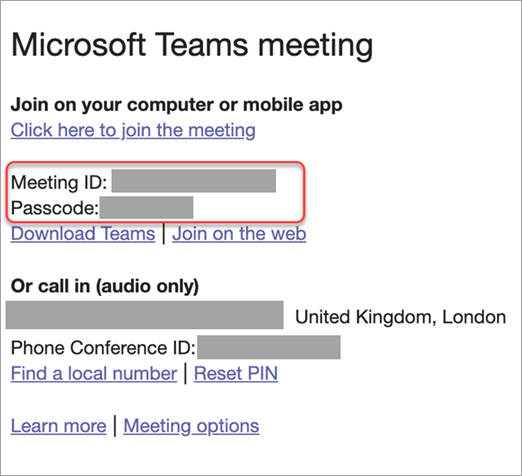 Στιγμιότυπο οθόνης του blob σύσκεψης του Microsoft Teams με επισημασμένη την επιλογή "Αναγνωριστικό σύσκεψης".