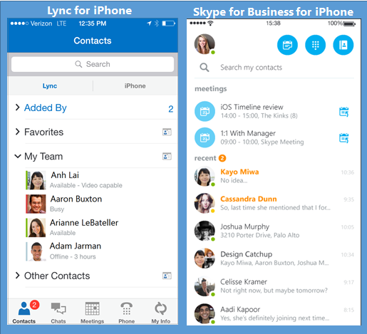 Στιγμιότυπα οθόνης side-by-side του Lync και του Skype για επιχείρηση